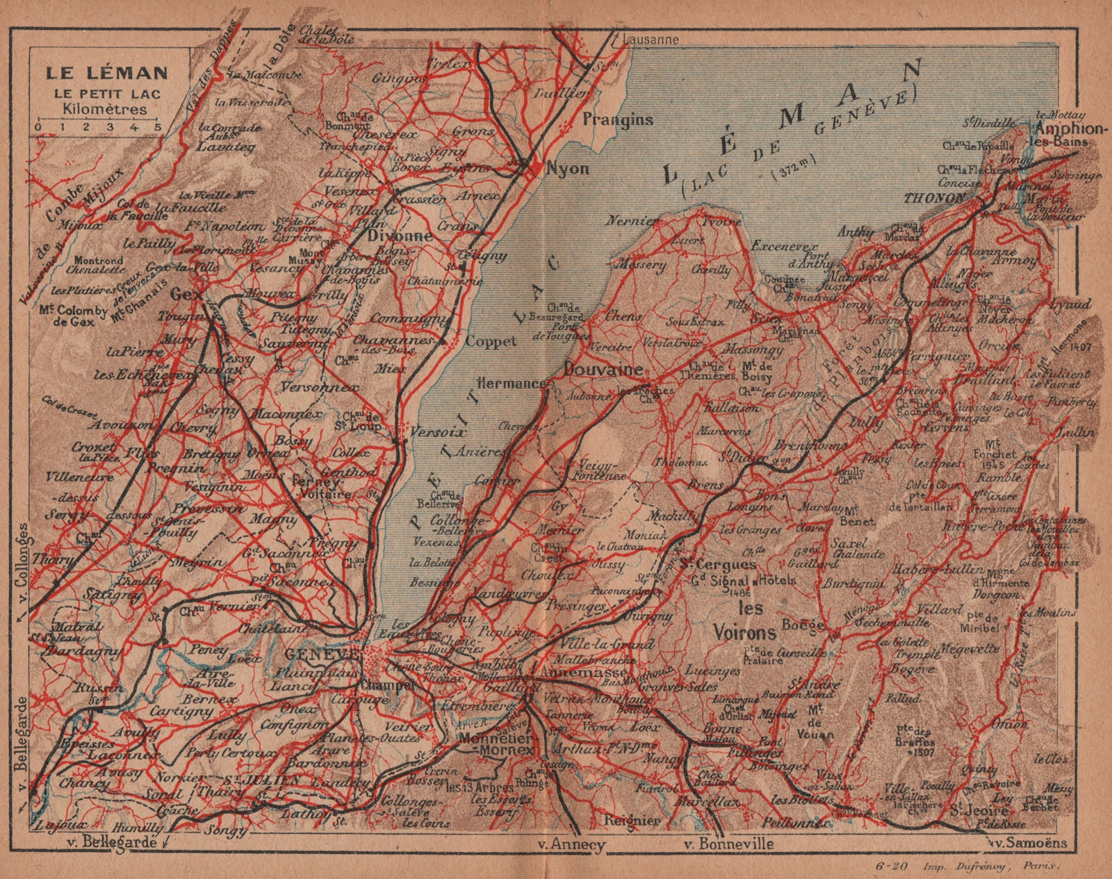 LÉMAN LE PETIT LAC. Lake Geneva Genève environs. Vintage map. Switzerland 1920